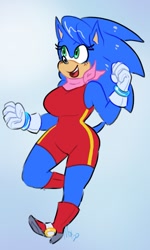 Size: 735x1227 | Tagged: safe, artist:moxramb, sonic the hedgehog, 2022, bandana, blushing, bodysuit, boots, gradient background, looking up, mouth open, signature, smile, trans female, transgender