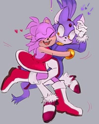 Size: 1080x1350 | Tagged: safe, artist:trunch00_00, amy rose, blaze the cat, cat, hedgehog, 2023, amy x blaze, amy's halterneck dress, blaze's tailcoat, blushing, cute, exclamation mark, eyes closed, female, females only, hearts, hugging, lesbian, mouth open, shipping