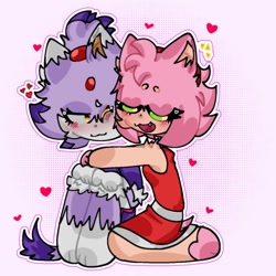 Size: 1080x1080 | Tagged: safe, artist:cookiiy11, amy rose, blaze the cat, cat, hedgehog, 2023, amy x blaze, blushing, cute, female, females only, hearts, hugging, lesbian, one eye closed, shipping