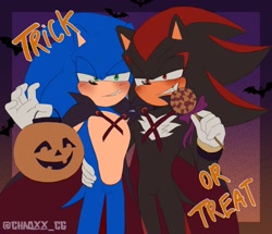 Size: 1659x1425 | Tagged: safe, artist:chaoxx_cg, shadow the hedgehog, sonic the hedgehog, bat, 2023, abstract background, basket, blushing, border, cape, duo, english text, gay, halloween, halloween outfit, holding each other, holding something, lidded eyes, literal animal, lollipop, looking at viewer, pumpkin, shadow x sonic, shipping, signature, smile, standing, trick or treat
