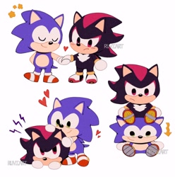 Size: 772x778 | Tagged: safe, artist:ruviart, shadow the hedgehog, sonic the hedgehog, 2023, blushing, chibi, cute, duo, frown, gay, heart, shadow x sonic, shadowbetes, shipping, signature, simple background, sitting on them, smile, sonabetes, standing, star (symbol), stuffed animal, white background