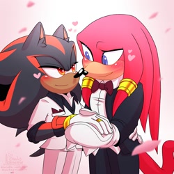 Size: 2000x2000 | Tagged: safe, artist:studiononsense, knuckles the echidna, shadow the hedgehog, 2023, blushing, bowtie, duo, ear fluff, gay, gradient background, heart, holding hands, knuxadow, lidded eyes, looking at each other, petals, shipping, signature, smile, standing, wedding, wedding ring, wedding suit