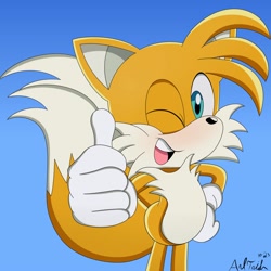 Size: 1500x1500 | Tagged: safe, artist:andtails1, miles "tails" prower, 2023, alternate version, blushing, hand on hip, looking at viewer, mouth open, redraw, signature, smile, solo, sonic x style, standing, thumbs up, wink
