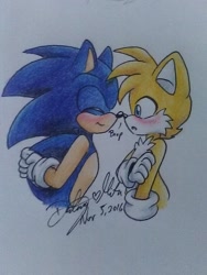 Size: 1080x1440 | Tagged: safe, artist:gilgummybear, miles "tails" prower, sonic the hedgehog, 2016, blushing, colored pencil, cute, duo, eyes closed, gay, looking at them, mouth open, nose boop, sfx, shipping, signature, smile, sonabetes, sonic x tails, tailabetes, traditional media