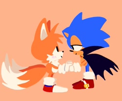Size: 1923x1590 | Tagged: safe, artist:sontaiis, miles "tails" prower, sonic the hedgehog, 2023, blushing, cape, classic sonic, classic tails, duo, gay, halloween, halloween outfit, holding hands, lidded eyes, orange background, shipping, simple background, smile, sonic x tails, standing