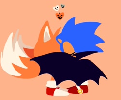 Size: 1923x1590 | Tagged: safe, artist:sontaiis, miles "tails" prower, sonic the hedgehog, 2023, cape, classic sonic, classic tails, convenient censoring, duo, eyes closed, gay, halloween, halloween outfit, heart, implied kissing, kiss, orange background, shipping, simple background, sonic x tails, standing