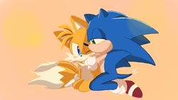 Size: 1280x720 | Tagged: safe, artist:giaoux, miles "tails" prower, sonic the hedgehog, 2023, abstract background, blushing, duo, gay, kiss on cheek, kneeling, lidded eyes, one eye closed, shipping, signature, sonic x tails