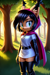 Size: 1024x1536 | Tagged: safe, ai art, artist:mobians.ai, nicole the hololynx, abstract background, boots, cape, daytime, ear fluff, forest, grass, hood, hood up, long gloves, looking at viewer, outdoors, smile, solo, standing, tree