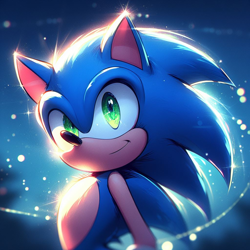 Size: 1024x1024 | Tagged: safe, ai art, artist:mobians.ai, sonic the hedgehog, abstract background, looking offscreen, smile, solo, sparkle, standing