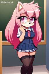 Size: 512x768 | Tagged: safe, ai art, artist:mobians.ai, oc, hedgehog, blackboard, blushing, classroom, female, frown, looking offscreen, pink eyes, pink fur, schoolgirl outfit, solo, standing, stockings