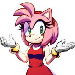 Size: 768x768 | Tagged: safe, ai art, artist:mobians.ai, amy rose, hedgehog, edit, female, looking at viewer, reaction image, shrugging, simple background, smile, solo, transparent background