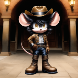 Size: 768x768 | Tagged: safe, ai art, artist:mobians.ai, oc, mouse, abstract background, belt, black fur, boots, brown gloves, hand on hip, hat, jacket, looking at viewer, pants, shirt, smile, solo, standing, yellow eyes