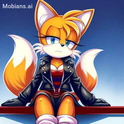 Size: 512x512 | Tagged: safe, ai art, artist:mobians.ai, miles "tails" prower, biker jacket, dress, female, frown, gender swap, gradient background, lidded eyes, looking at viewer, prompter:taeko, sitting, solo