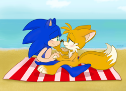 Size: 1262x915 | Tagged: dead source, safe, artist:devotedsidekick, miles "tails" prower, sonic the hedgehog, barefoot, beach, blushing, duo, floppy ears, gay, gloves off, holding hands, lidded eyes, looking at each other, ocean, outdoors, shipping, sitting, sonic x tails, towel