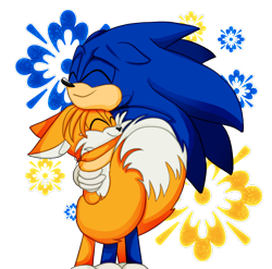 Size: 1116x1104 | Tagged: safe, artist:andrillia, miles "tails" prower, sonic the hedgehog, 2022, duo, eyes closed, floppy ears, hugging, simple background, smile, standing, tail hug, transparent background