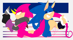 Size: 8036x4452 | Tagged: safe, artist:xxblueravenxxx, espio the chameleon, sonic the hedgehog, 2022, abstract background, blushing, duo, fingerless gloves, gay, holding something, holding tail, kunai knife, lidded eyes, looking at each other, looking back at them, scarf, shipping, signature, sonespio, standing