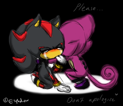 Size: 646x557 | Tagged: safe, artist:espadow, espio the chameleon, shadow the hedgehog, 2012, black background, blushing, chibi, comforting, crying, dialogue, duo, english text, gay, hugging, kneeling, sad, shadpio, shipping, signature, simple background, tears, tears of sadness