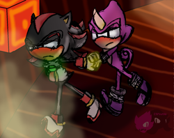 Size: 1320x1048 | Tagged: safe, artist:espadow, espio the chameleon, shadow the hedgehog, 2012, blushing, chaos emerald, duo, frown, gay, holding hands, holding something, lidded eyes, looking ahead, mad matrix, shadow the hedgehog (video game), shadpio, shipping, walking