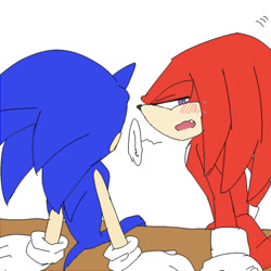 Size: 600x600 | Tagged: safe, artist:mas2a, knuckles the echidna, sonic the hedgehog, 2013, awkward, blushing, duo, gay, knuxonic, lidded eyes, mouth open, one fang, shipping, simple background, sitting, sweatdrop, white background