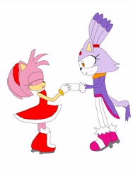 Size: 3072x4096 | Tagged: safe, artist:mahoutoons, amy rose, blaze the cat, cat, hedgehog, 2021, amy x blaze, amy's halterneck dress, blaze's tailcoat, cute, eyes closed, female, females only, holding hands, lesbian, shipping