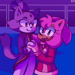 Size: 3584x3584 | Tagged: safe, artist:casinopolis, amy rose, blaze the cat, cat, hedgehog, 2021, amy x blaze, cute, female, females only, holding hands, lesbian, looking at viewer, mario & sonic at the olympic games, mouth open, shipping