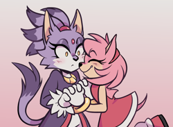 Size: 2048x1499 | Tagged: safe, artist:summers-art, amy rose, blaze the cat, amy x blaze, amybetes, blazebetes, blushing, cute, duo, eyes closed, gradient background, holding hands, lesbian, looking at them, shipping, shrunken pupils, smile, standing