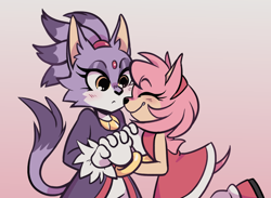 Size: 2048x1499 | Tagged: safe, artist:summers-art, amy rose, blaze the cat, alternate version, amy x blaze, amybetes, blazebetes, blushing, cute, duo, eyes closed, gradient background, holding hands, lesbian, looking at them, shipping, smile, standing