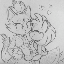 Size: 1410x1399 | Tagged: safe, artist:summers-art, amy rose, blaze the cat, alternate version, amy x blaze, amybetes, blazebetes, blushing, cute, duo, eyes closed, gradient background, heart, holding hands, lesbian, looking at them, pencilwork, shipping, shrunken pupils, smile, standing, traditional media