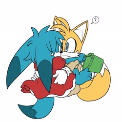 Size: 2048x2048 | Tagged: safe, artist:butterrrmoth, kit the fennec, miles "tails" prower, barefoot, bucket, dress, duo, frown, gay, holding each other, kitails, looking at each other, question mark, shipping, simple background, white background