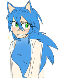 Size: 1408x1877 | Tagged: safe, artist:kptya, sonic the hedgehog, human, blushing, gender swap, humanized, looking offscreen, simple background, smile, solo, star (symbol), white background