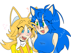 Size: 1742x1302 | Tagged: safe, artist:kptya, miles "tails" prower, sonic the hedgehog, human, blushing, duo, eye clipping through hair, eyebrow clipping through hair, gender swap, heart, humanized, lesbian, mouth open, r63 shipping, shipping, simple background, smile, sonic x tails, white background