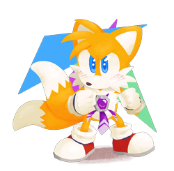 Size: 868x851 | Tagged: safe, artist:donelywell, miles "tails" prower, sonic adventure, 2023, angry, blushing, clenched fists, lineless, looking ahead, no outlines, rhythm badge, semi-transparent background, solo, standing