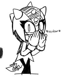 Size: 493x602 | Tagged: safe, artist:qqhoneydew_, trip the sungazer, sonic superstars, black and white, covering face, eye twitch, line art, looking at viewer, sfx, simple background, smile, solo, white background