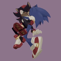 Size: 2048x2048 | Tagged: safe, artist:paracosmicessence, shadow the hedgehog, sonic the hedgehog, blushing, duo, eyes closed, gay, holding each other, kiss on cheek, mid-air, one eye closed, purple background, shadow x sonic, shipping, shrunken pupils, simple background