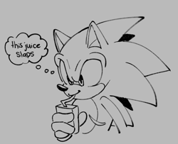 Size: 1452x1178 | Tagged: safe, artist:project-sonadow, sonic the hedgehog, bust, drinking, english text, grey background, holding something, juice box, line art, simple background, solo, thinking, thought bubble, top surgery scars, trans male, transgender
