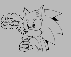 Size: 1452x1178 | Tagged: safe, artist:project-sonadow, sonic the hedgehog, bust, english text, grey background, holding something, implied gay, implied sonadow, juice box, line art, simple background, solo, thinking, thought bubble, top surgery scars, trans male, transgender