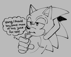 Size: 1452x1178 | Tagged: safe, artist:project-sonadow, sonic the hedgehog, bust, drinking, english text, grey background, hand behind head, holding something, juice box, lidded eyes, line art, simple background, solo, thinking, thought bubble, top surgery scars, trans male, transgender