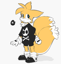 Size: 1137x1200 | Tagged: safe, artist:caelyne, miles "tails" prower, alternate shoes, arm fluff, cute, ear fluff, eyelashes, femboy, floppy ears, grey background, leg fluff, looking at viewer, shadow (lighting), shirt, simple background, smile, solo, standing, tailabetes