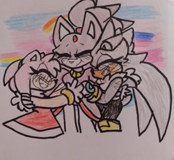 Size: 2048x1882 | Tagged: safe, artist:sp4rkstorm, amy rose, blaze the cat, silver the hedgehog, amy x blaze, bisexual, bisexual pride, blushing, cute, eyes closed, half r63 shipping, holding each other, lesbian, lesbian pride, pansexual, pansexual pride, polyamory, pride, scar, shipping, silvamy, silvaze, silvazeamy, smile, traditional media, trans female, transfem pride, transgender, trio