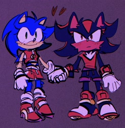 Size: 1872x1913 | Tagged: safe, artist:youhalfwit, shadow the hedgehog, sonic the hedgehog, sonic adventure 2, blushing, clothes, crop top, duo, eyelashes, frown, heart, holding hands, lesbian, looking offscreen, purple background, r63 shipping, shadow x sonic, shipping, shirt, shorts, simple background, smile, soap shoes, standing
