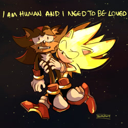 Size: 2048x2048 | Tagged: safe, artist:youhalfwit, shadow the hedgehog, sonic the hedgehog, super sonic, abstract background, carrying them, crying, duo, ear fluff, english text, eyes closed, frown, gay, sad, shadow x sonic, shipping, shrunken pupils, signature, space, star (sky), super form, tears, tears of sadness