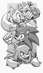 Size: 1023x1735 | Tagged: safe, artist:by-milaries, knuckles the echidna, miles "tails" prower, sonic the hedgehog, border, greyscale, holding something, miles electric, mouth open, smile, standing, team sonic, trio, wink