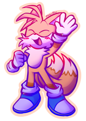 Size: 918x1287 | Tagged: safe, artist:pika-blur, miles "tails" prower, blue shoes, blushing, cute, eyes closed, mouth open, signature, simple background, smile, solo, standing, tailabetes, transparent background, waving