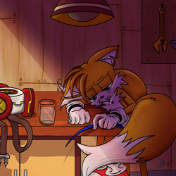 Size: 1200x1200 | Tagged: safe, artist:the-ironic-monster, miles "tails" prower, fanfic:the cycle of ends, abstract background, chipped ear, cup, fanfiction art, floppy ears, frown, holding something, indoors, lidded eyes, machinery, quill, sad, signature, sitting, table, wrench