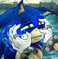 Size: 993x1000 | Tagged: safe, artist:the-ironic-monster, sonic the hedgehog, surge the tenrec, fanfic:the cycle of ends, abstract background, duo, electricity, electrocution, fanfiction art, hands on another's face, injured, lidded eyes, messy fur, offscreen character, solo focus, water