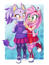 Size: 654x876 | Tagged: safe, artist:metalpandora, amy rose, blaze the cat, cat, hedgehog, 2021, amy x blaze, blushing, cute, female, females only, hand on shoulder, hearts, lesbian, necklace, shipping