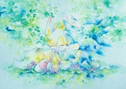 Size: 800x565 | Tagged: safe, artist:もい, miles "tails" prower, sonic the hedgehog, blushing, blushing ears, duo, eyes closed, gay, kneeling, leaf, mouth open, nuzzle, outdoors, shipping, sitting, smile, sonic x tails, watercolor