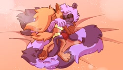 Size: 2048x1170 | Tagged: safe, artist:sadmachlne666, tangle the lemur, whisper the wolf, 2023, barefoot, bed, blushing, claws, duo, eyes closed, hugging, lesbian, lying down, pawpads, shipping, smile, snuggling, tangle x whisper