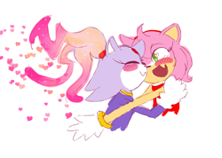 Size: 2575x1836 | Tagged: safe, artist:medleyrush, amy rose, blaze the cat, cat, hedgehog, 2020, amy x blaze, amy's halterneck dress, blaze's tailcoat, cute, eyes closed, female, females only, hand on shoulder, kiss on cheek, lesbian, mouth open, shipping