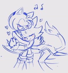 Size: 1917x2040 | Tagged: safe, artist:onlyastraa, amy rose, blaze the cat, cat, hedgehog, 2023, amy x blaze, amy's halterneck dress, blaze's tailcoat, cute, eyes closed, female, females only, hearts, hugging, lesbian, musical notes, shipping, singing, sketch